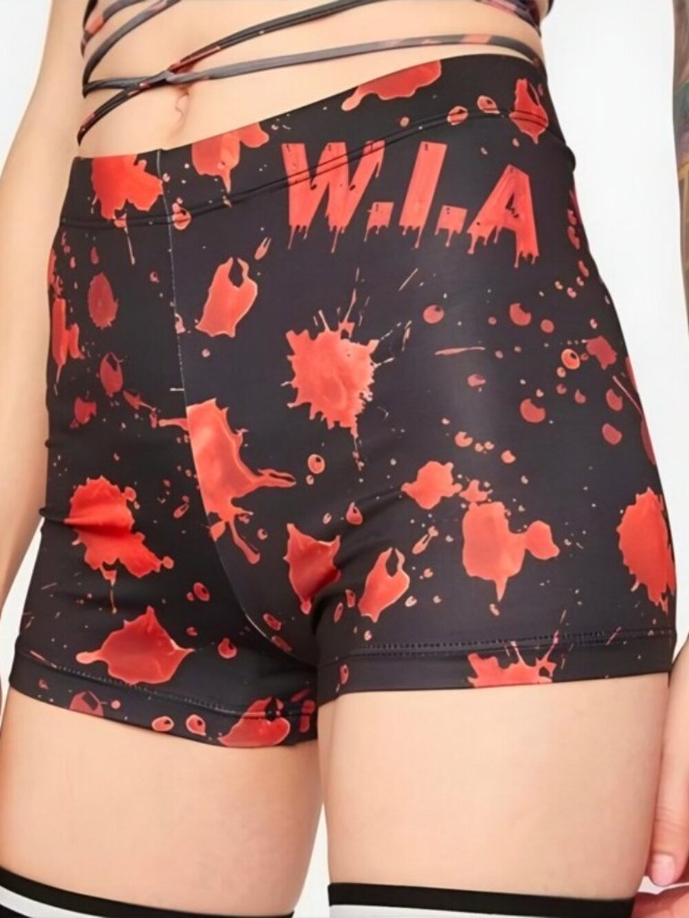 W.I.A Terror Hot Shorts Red Splatter Print High Waist Wrap Tie Elastic Med NWT